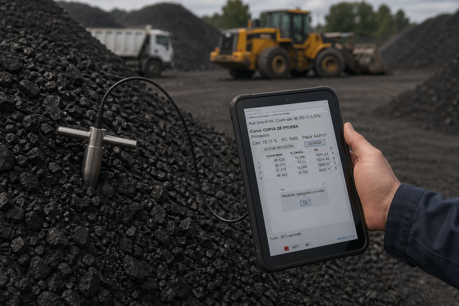 ASH INSPECTOR en operación de campo con sonda y tablet sobre pila de carbón